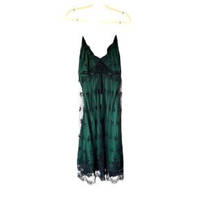 Miguelina Women's Medium Green Black Floral Sexy Sheer Lingerie Lace Slip Dress